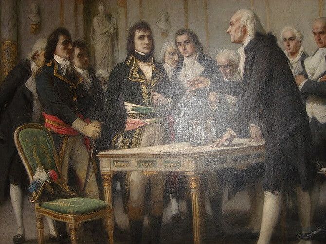 Alessandro Volta ukazuje baterii Napoleonovi na obraze Guiseppe Bertiniho z roku 1801