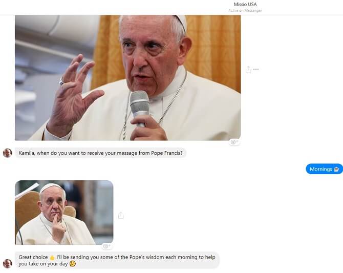 Máte splín? Papež vás může skrze svého chatbota rozveselit každý den. Stačí si zvolit, jestli vás jeho slova budou zajímat každé ráno nebo večer. Foto: Messenger komunikace s Missio botem komunikace s Missio botem