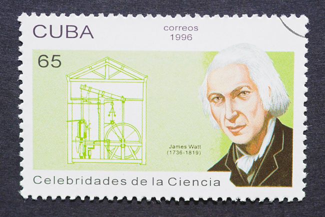 Vynálezce parního stroje James Watt se nachází také na známkách