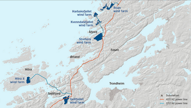 Mapa zobrazující rozložení větrných farem na norském pobřeží.