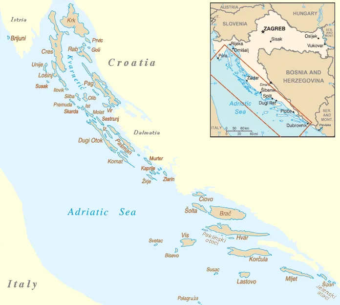 Mapa chorvatských ostrovů