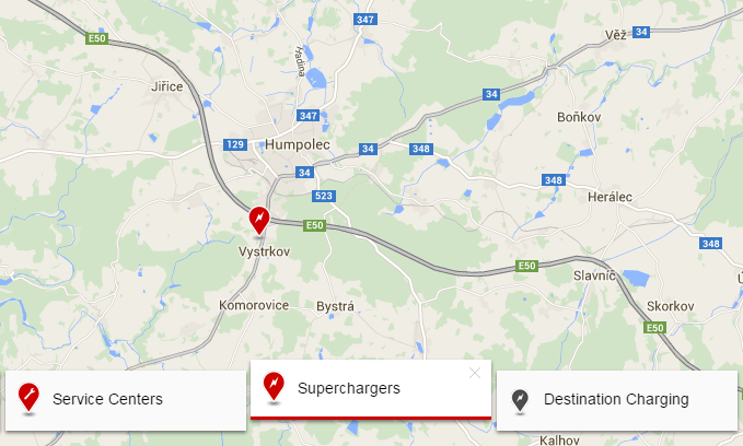 Humpoleckou nabíjecí stanici lze nalézt i na oficiálních stránkách Tesla Motors.